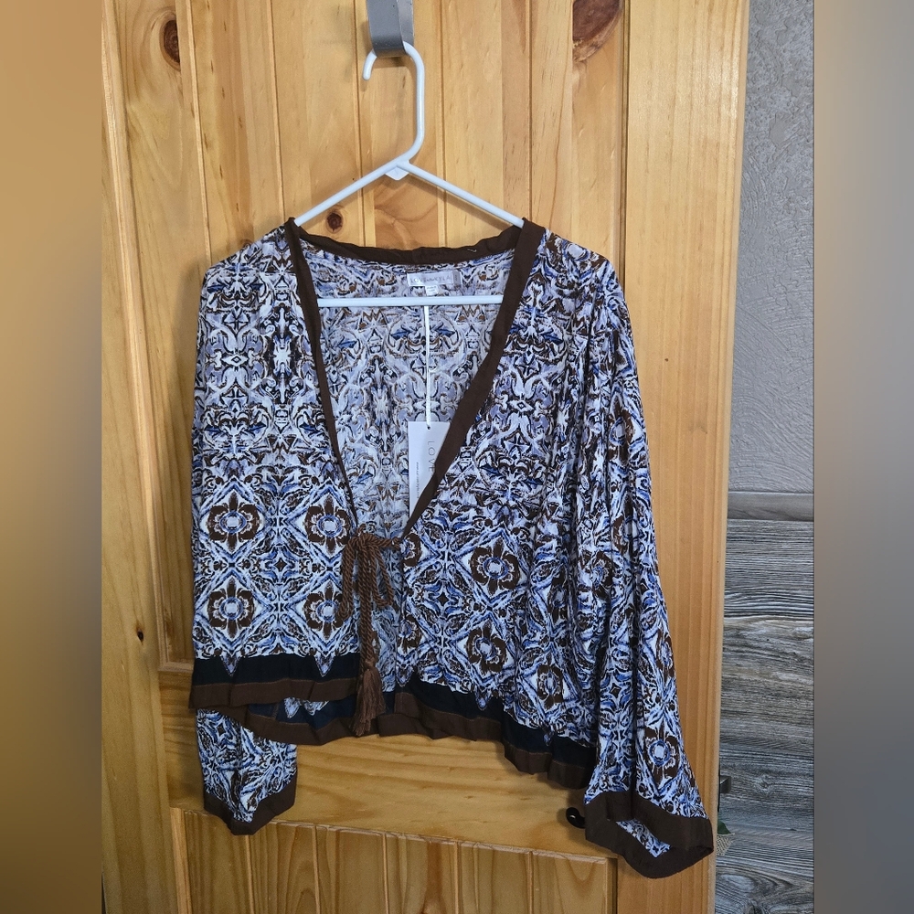NWT Love Kyla  Brown Paisley  Ren Kimono Rayon Crepe Top  Boho Sz S